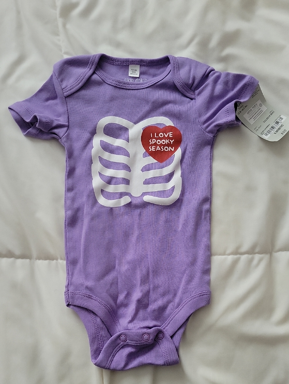 okie dokie Purple Skeleton Heart 'I Love Spooky Season' One-Piece Bodysuit